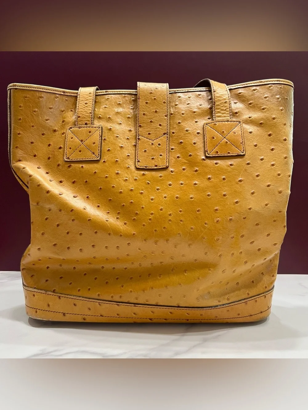Vintage Dooney & Bourke Tan Ostrich Embossed Leather Bucket Bag Tote Made in USA - Picture 4 of 12